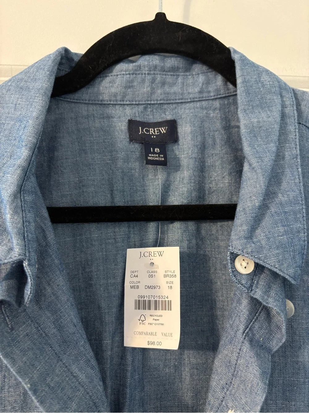 NWT J. Crew Blue Chambray Button-Down Shirt Dress with Tie Waist - Size 18